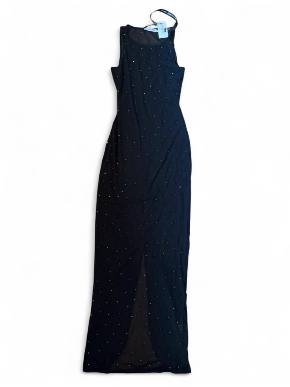 Black Beaded Sleeveless Maxi Dress with Front Slit